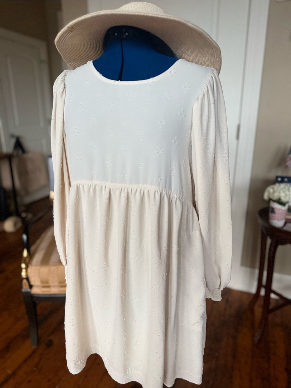 By the River (Anthropologie) Cream Textured Babydoll Dress — Puff Sleeve V-Back